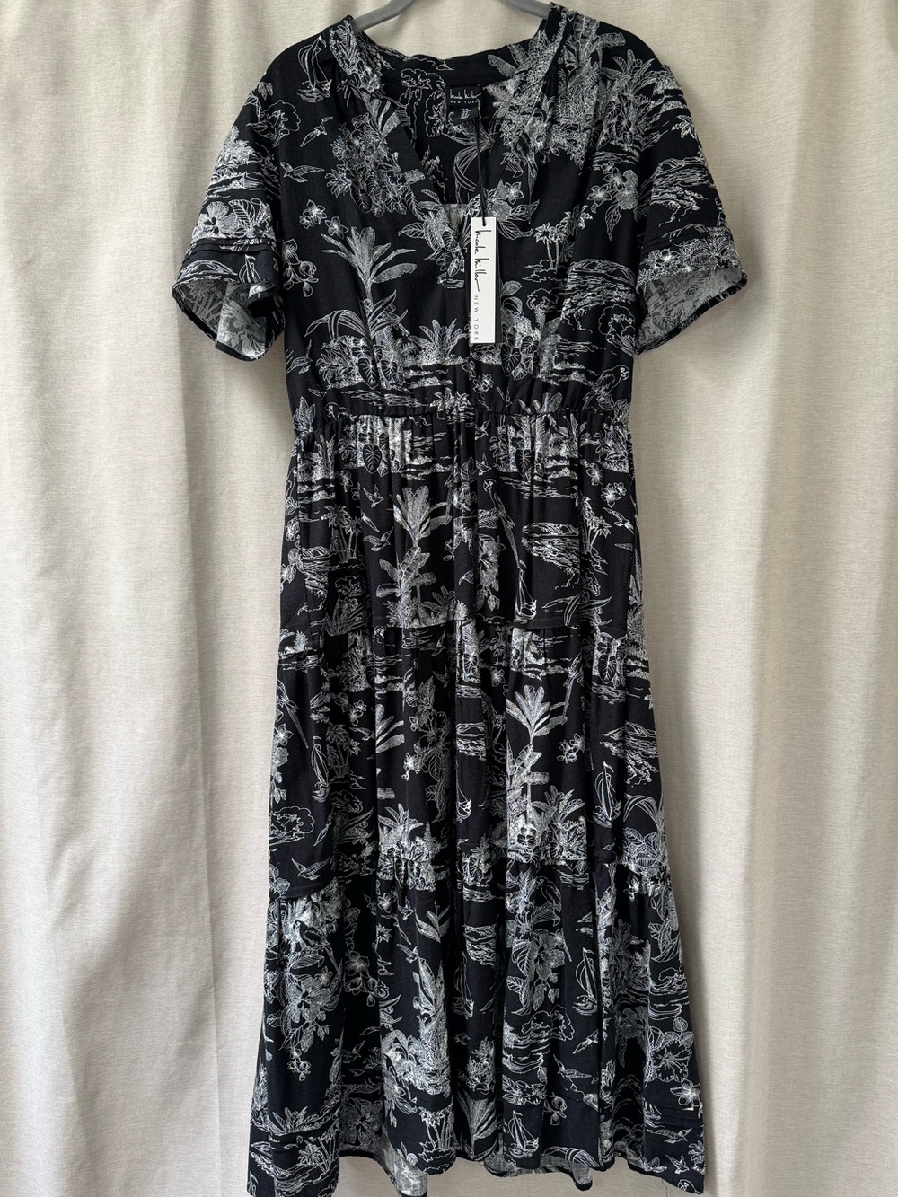 🌴 NWT Nicole Miller New York Linen Blend Tropical Tiered Midi Dress – Size M